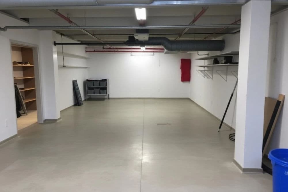 Empty industrial basement with polished concrete floor, storage shelves, and overhead ductwork.