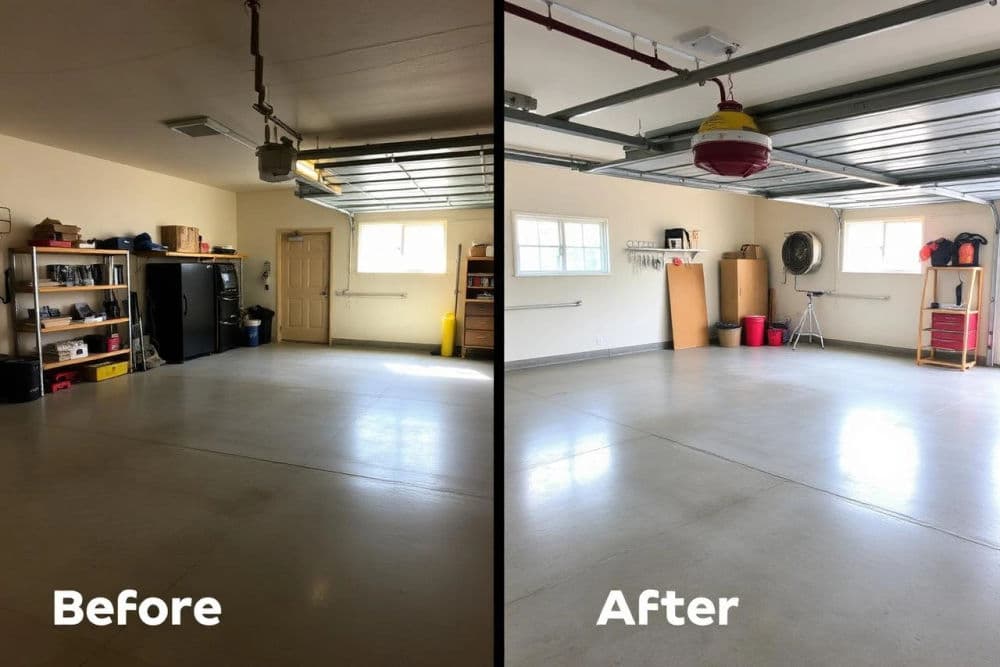 Before and after garage makeover showcasing organized space and improved storage solutions.