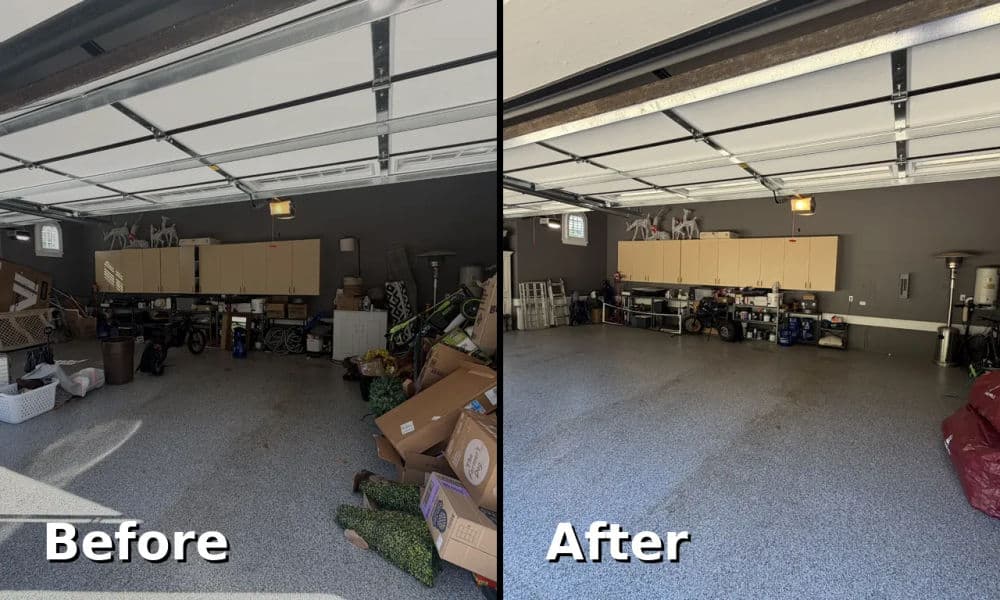 Garage organization transformation: cluttered vs. neatly arranged, clean space.