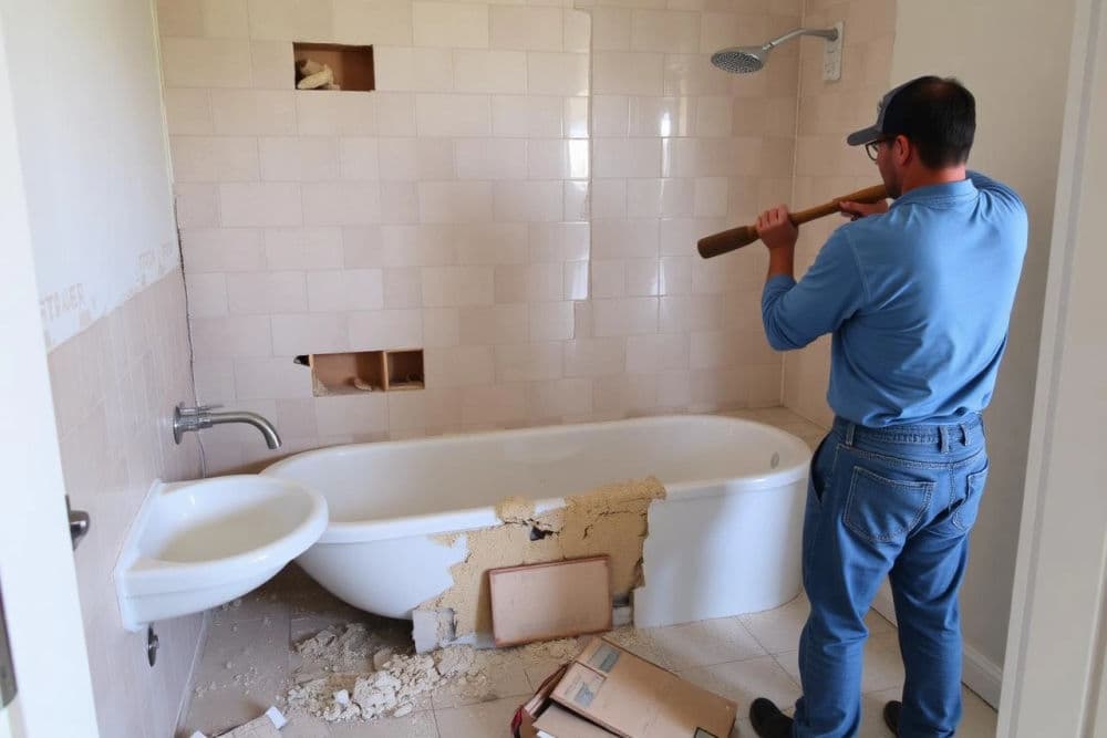 Person renovating a bathroom, breaking tiles near a bathtub with tools visible.