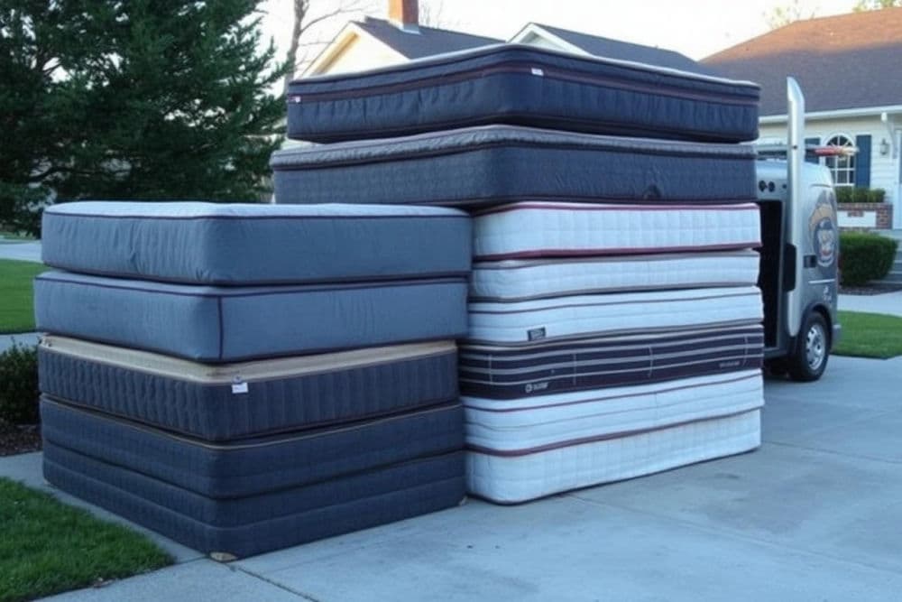 Stack of various mattresses for disposal next to a moving truck on a driveway.