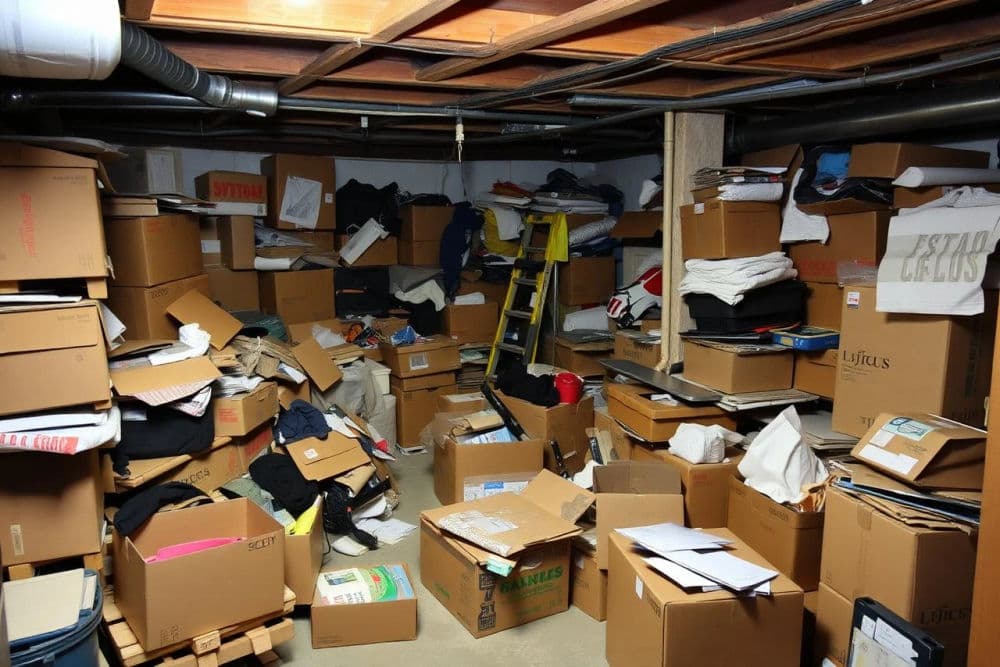 Cluttered basement filled with stacked cardboard boxes and assorted items.