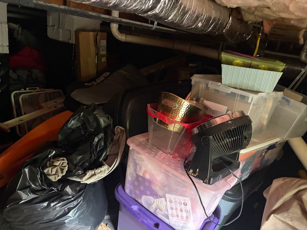 Cluttered basement storage with boxes, bins, and various items stacked under low ceiling.